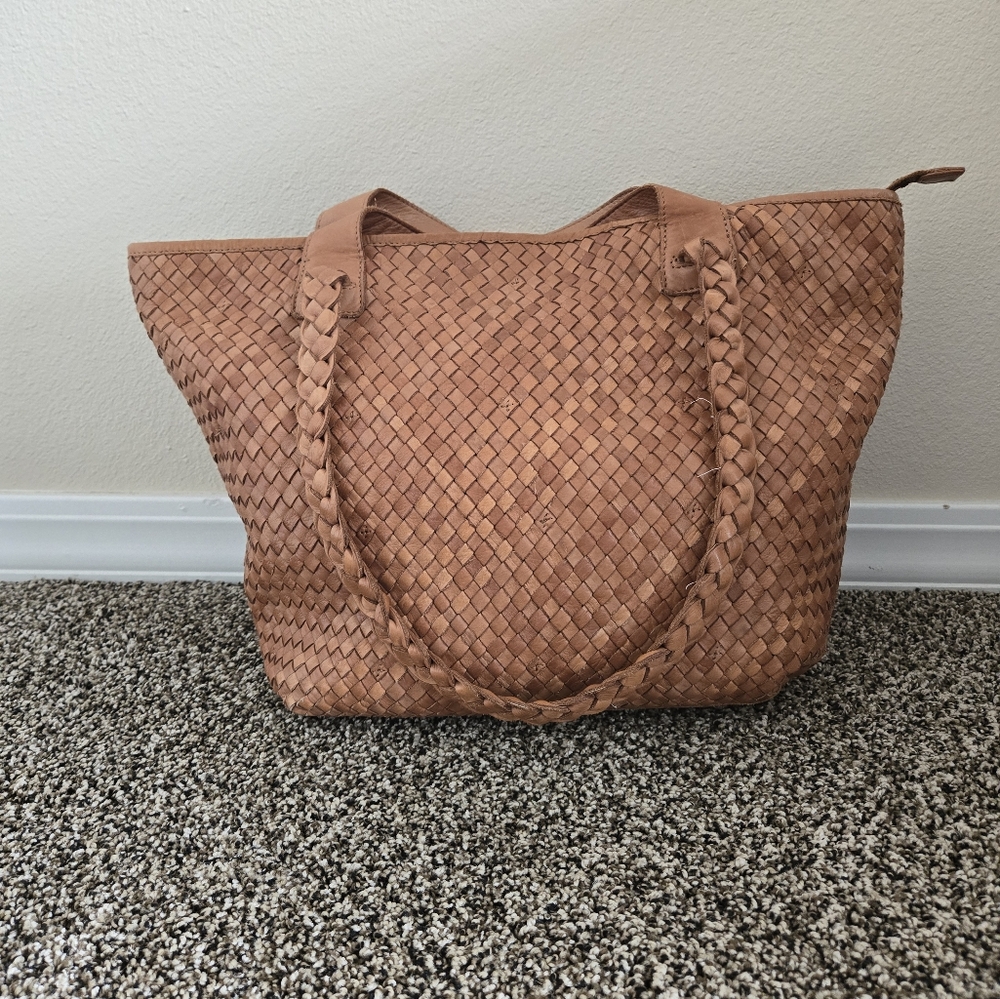 Woven Tan Leather Tote Bag